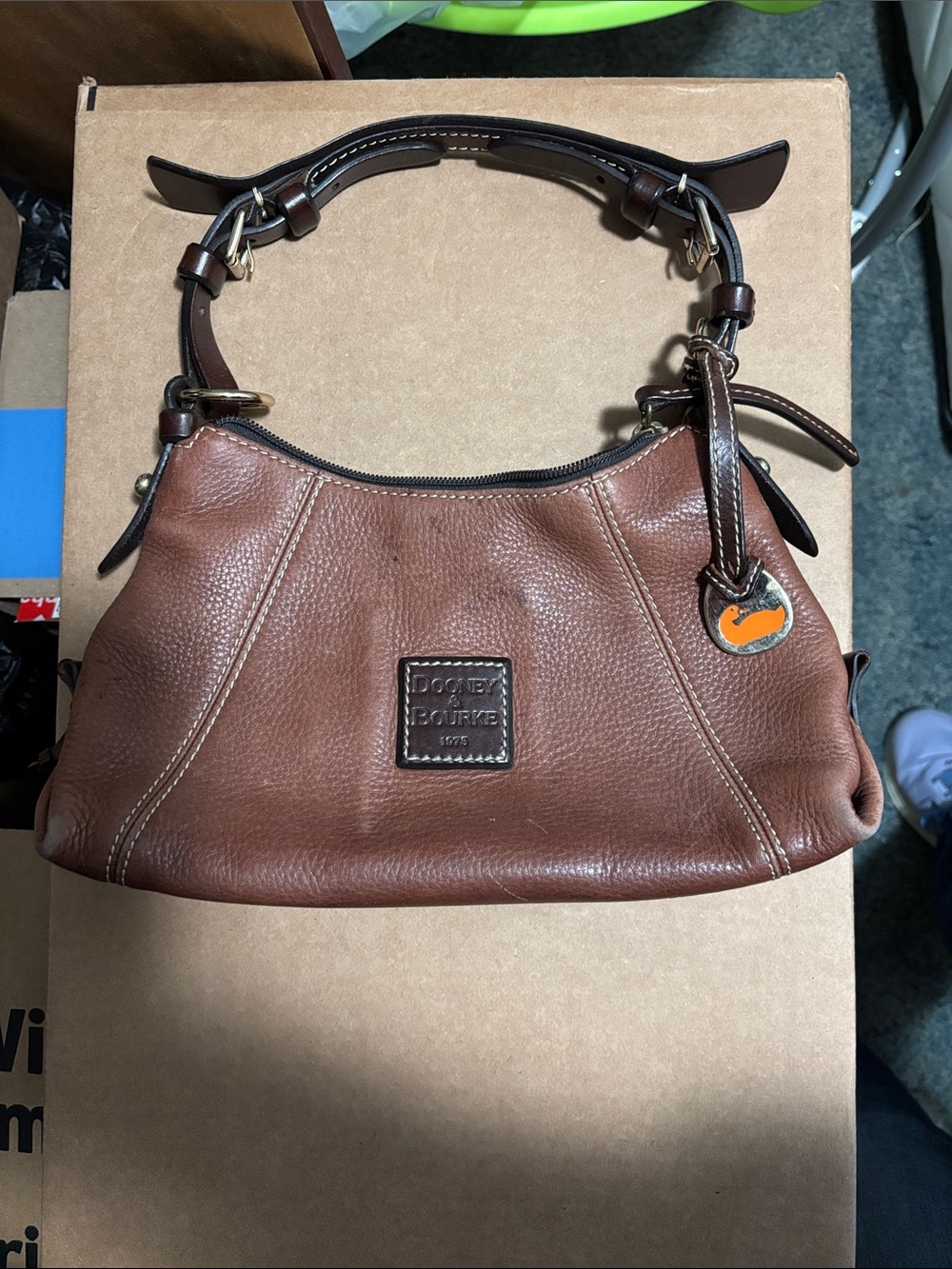 Dooney & Bourke Brown Pebbled Leather Shoulder Bag with Dark Trim